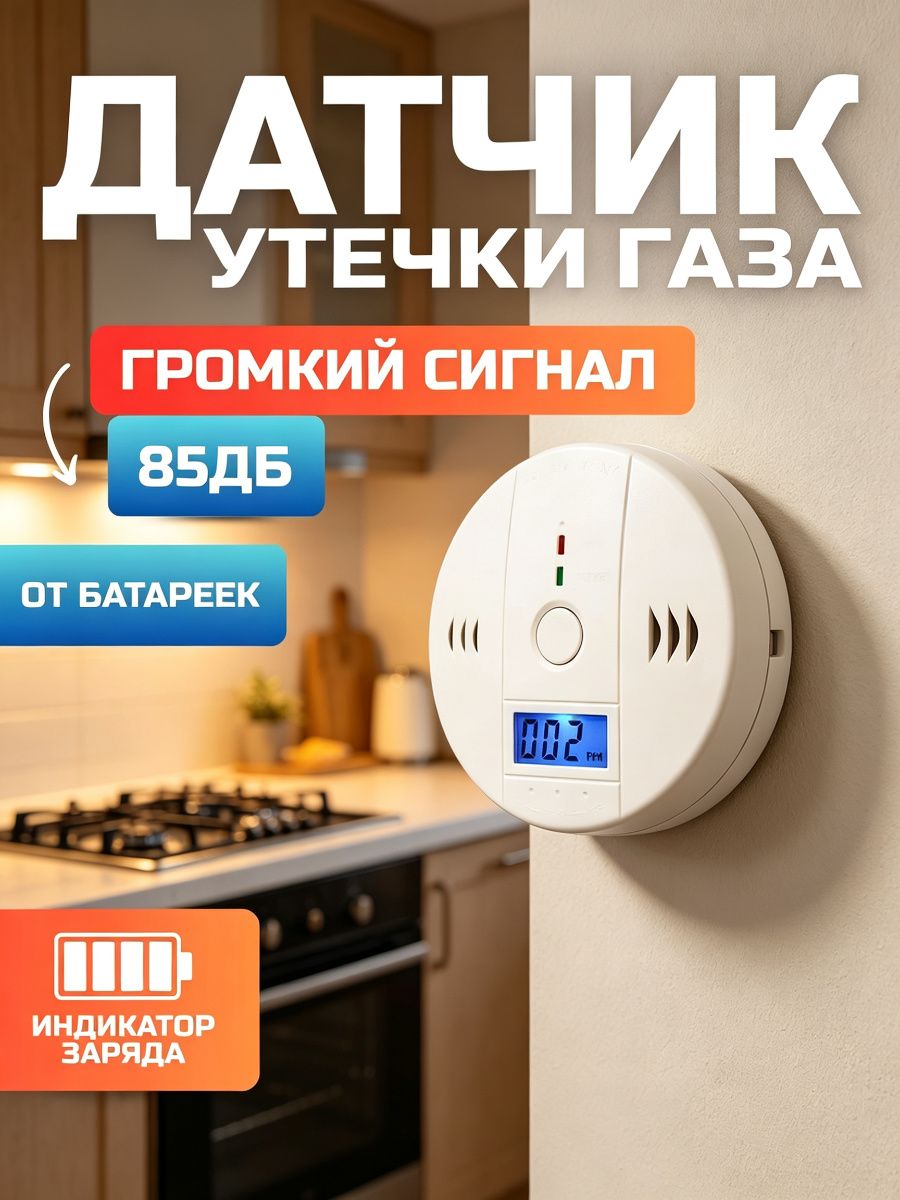 Датчик утечки газа бытовой, газосигнализатор с цифровым дисплеем, громкий сигнал 85 дБ, от батареек, для кухни
