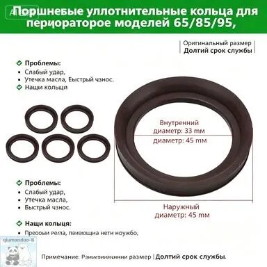 Комплект уплотнительных колец для перфоратора 65/85/95, 5 шт Запчасти для ударного механизма, размер 33х45 мм