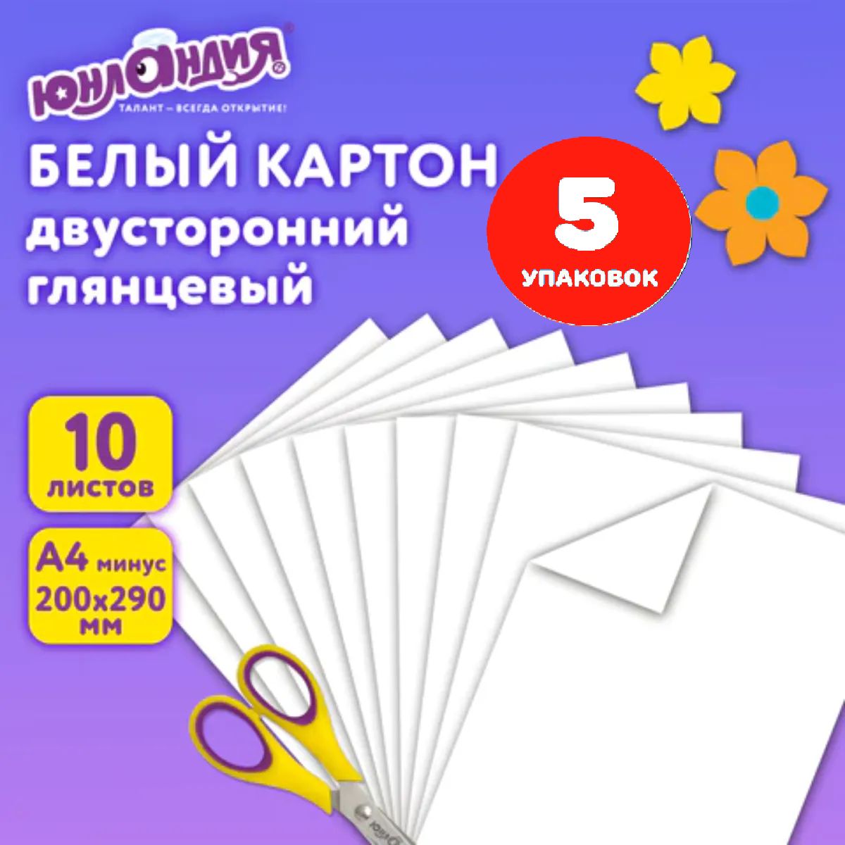 Картон белый А4 мелованный (белый оборот), 10 листов, в папке, 200х290 мм (5 упаковок)