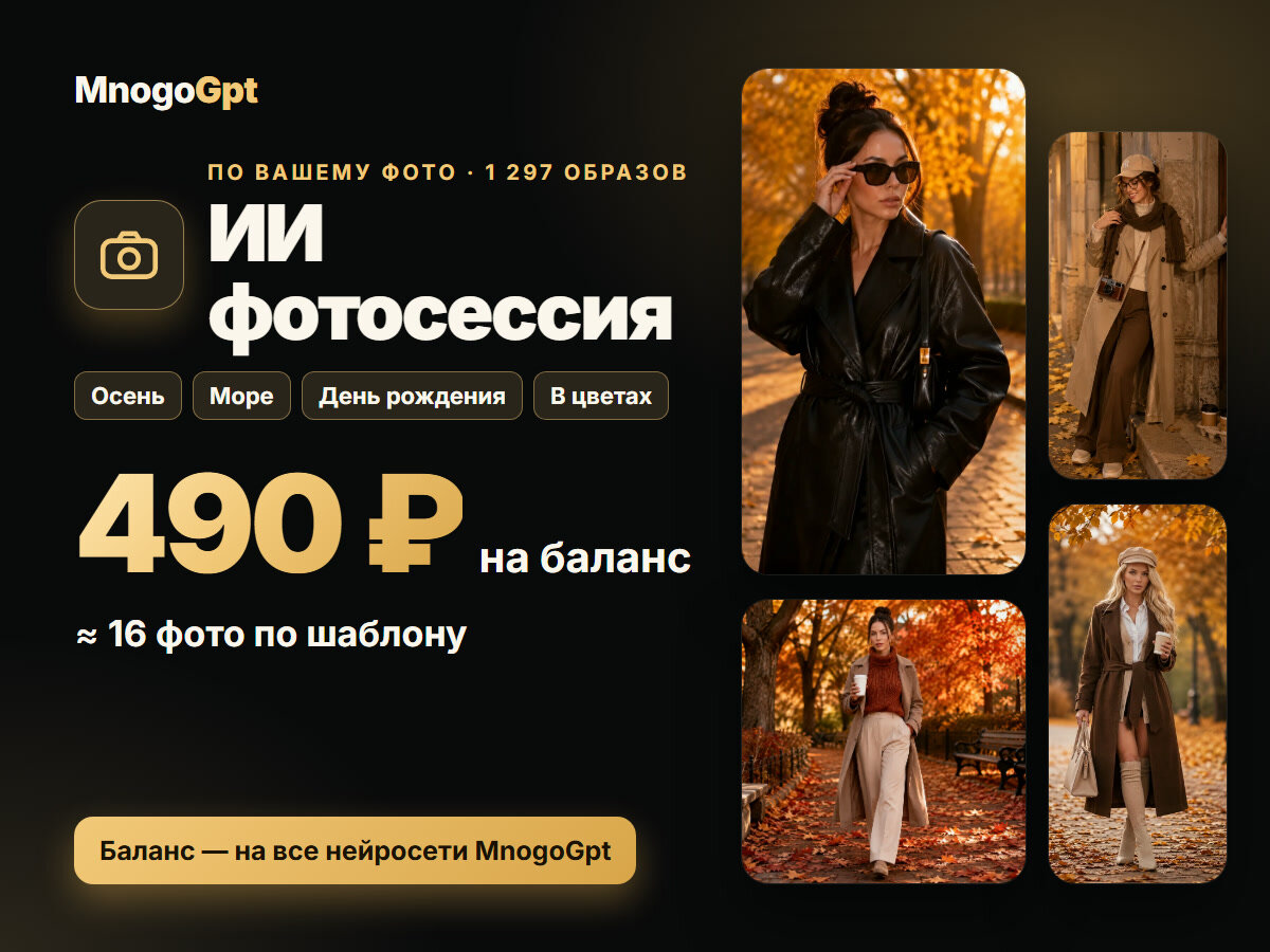 ИИ фотосессия по вашему фото: 1 297 образов — без подписки, баланс 490 ₽ в кабинете MnogoGpt, ≈16 фото
