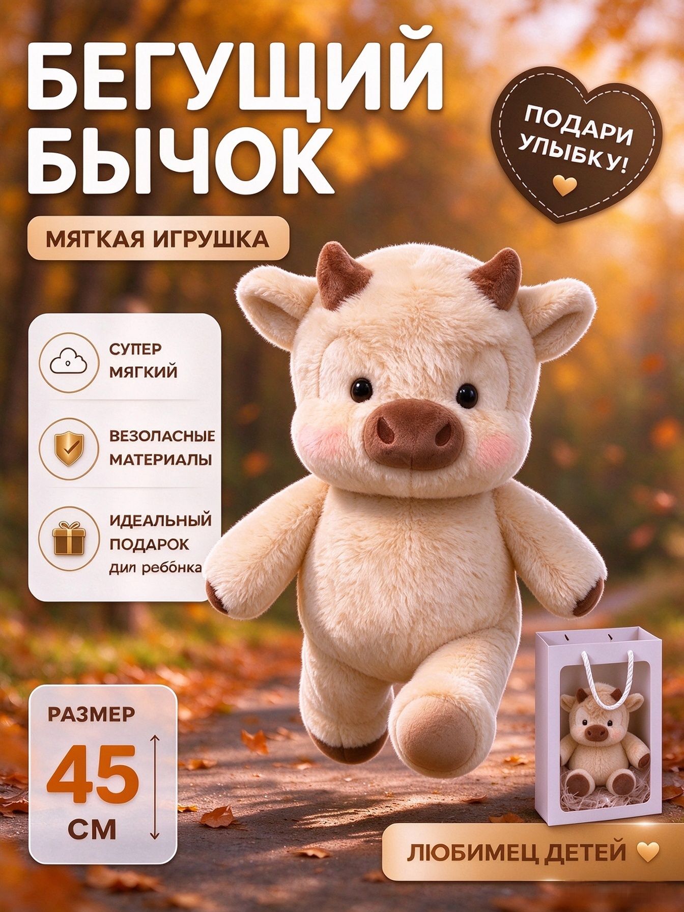 Бегущий теленок игрушка мягкая, 45 см, бежевый / Бегущий бычок / Плюшевый теленок интерактивная игрушка