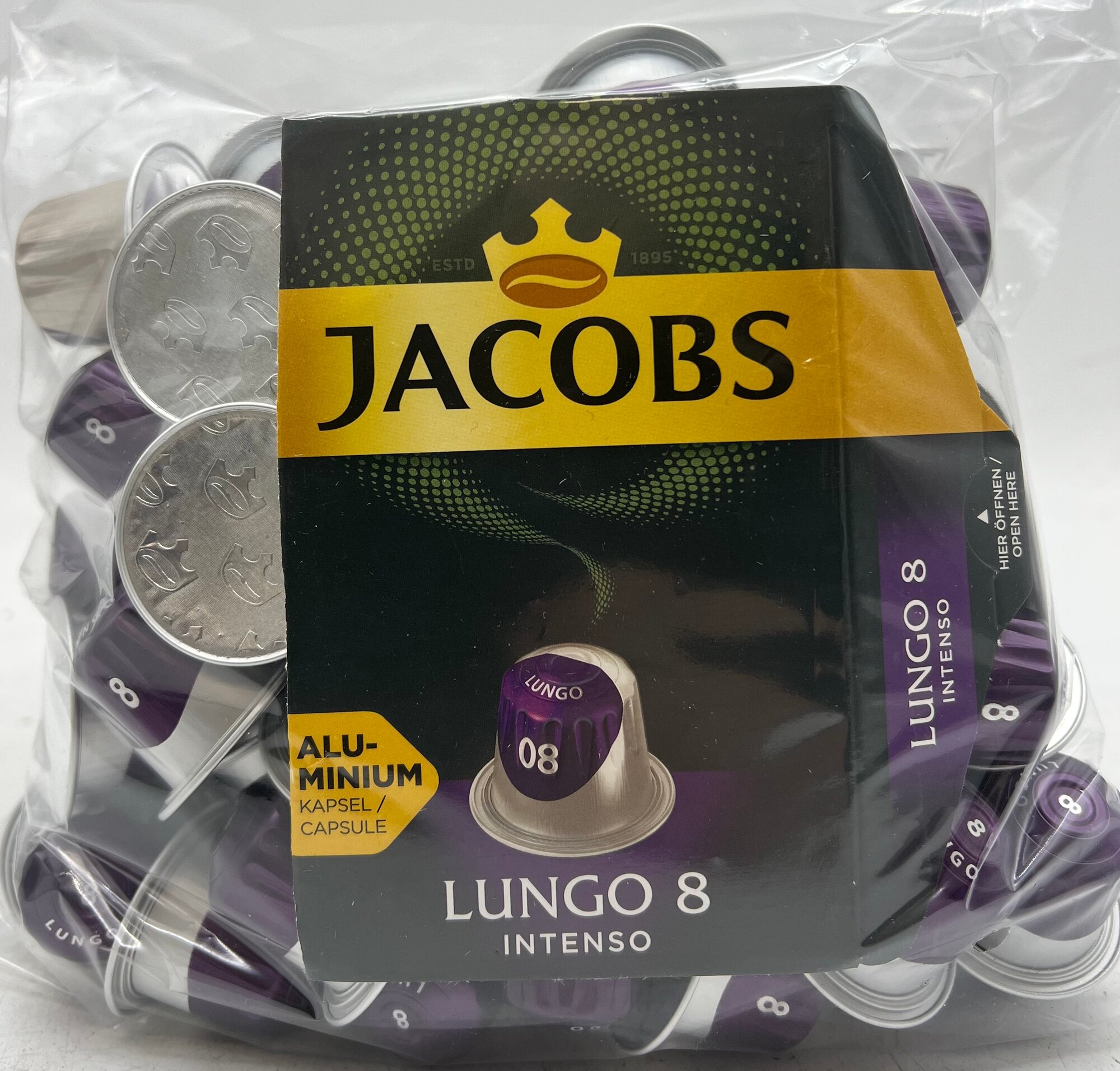 100 Капсул Кофе для кофемашин Nespresso JACOBS "Lungo 8 Intenso" Без Заводских коробок в zip-lock пакете. Интенсив 8