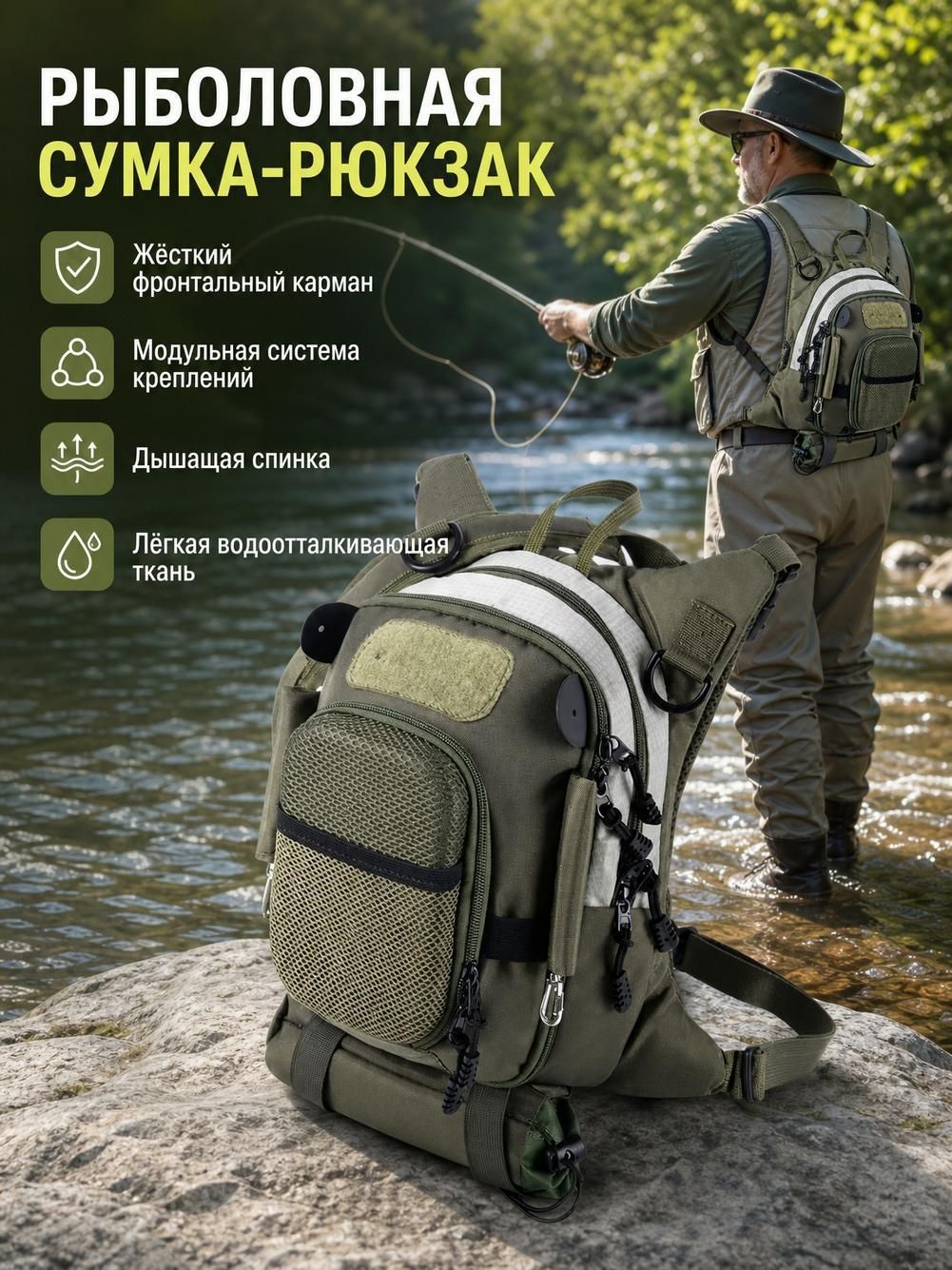 Рыболовная нагрудная сумка для нахлыста и спиннинга водонепроницаемая 1 шт