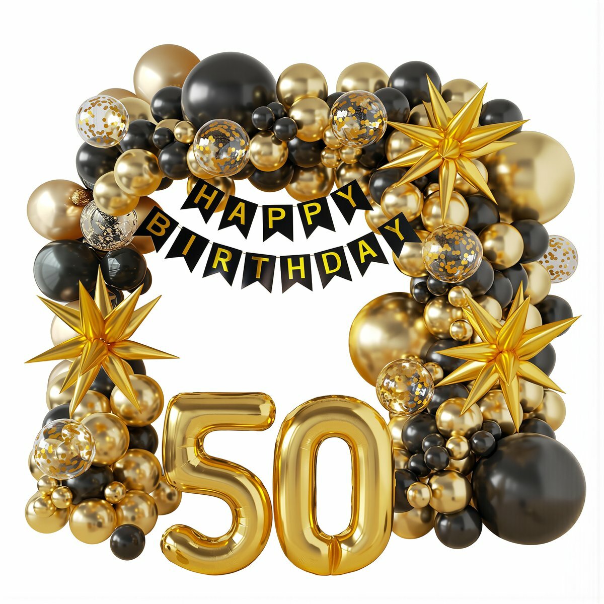 Набор шаров на день рождения для взрослых чёрно-золотой арка баннер HAPPY BIRTHDAY с цифрами для юбилея 50 60 70 80 лет 119 элементов вес 331 грамм, CY268-50 лет, чёрно-золотой набор шаров, 331 г, 119