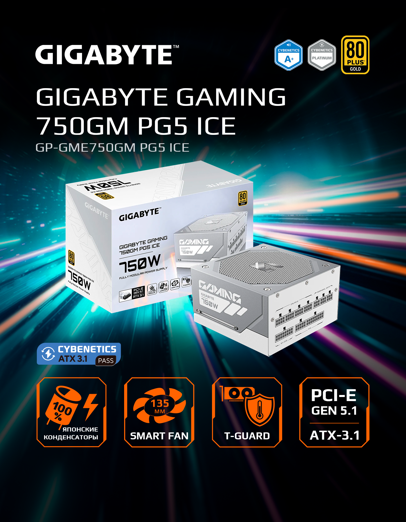 Блок питания для компьютера Gigabyte 750GM PG5 ICE, 80PLUS Gold (GP-GME750GM PG5 ICE/PSU 750W)