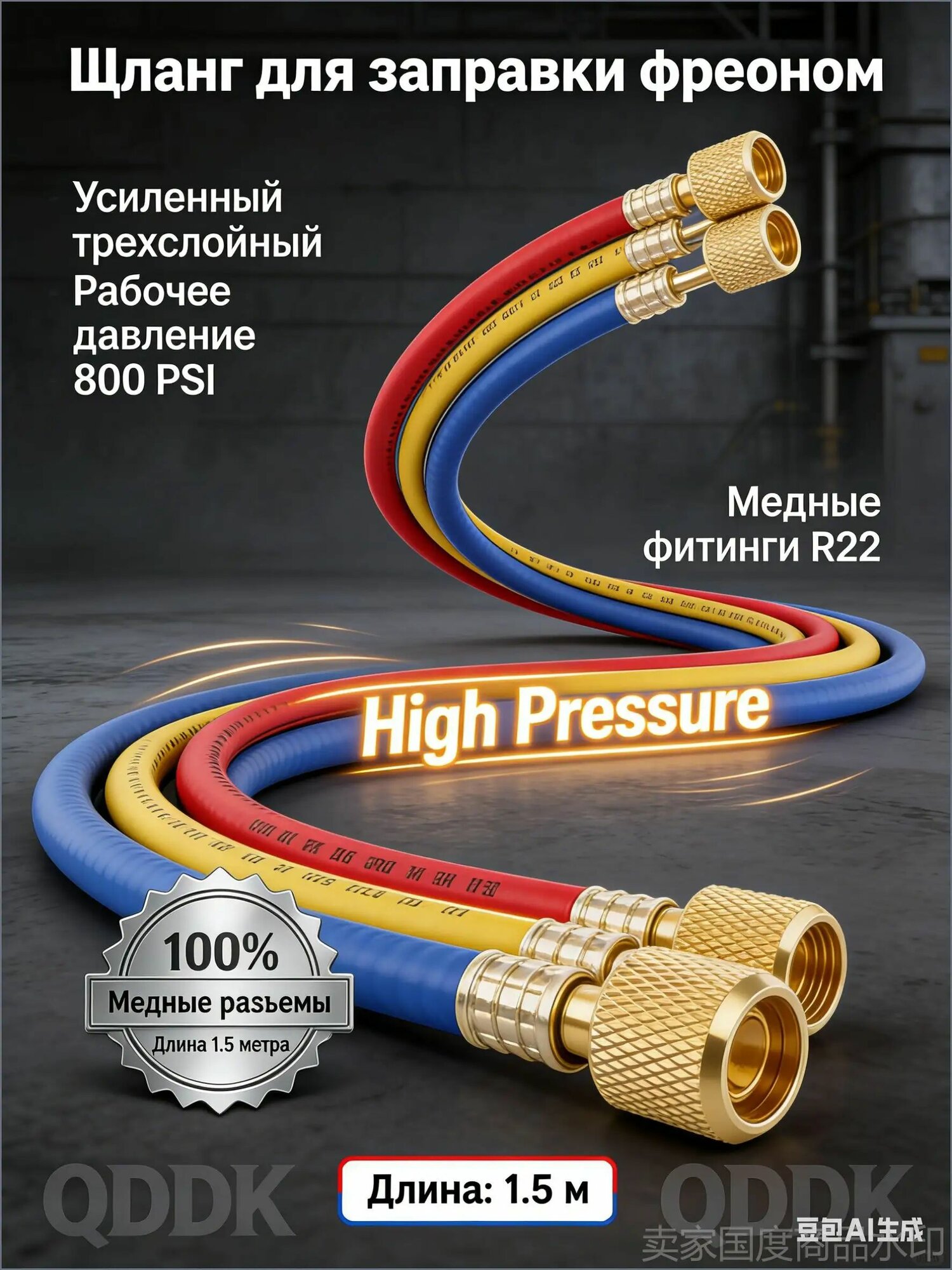 Шланг для заправки фреоном 1.5 метра R22, Заправочный шланг высокого давления для кондиционеров и холодильного оборудования