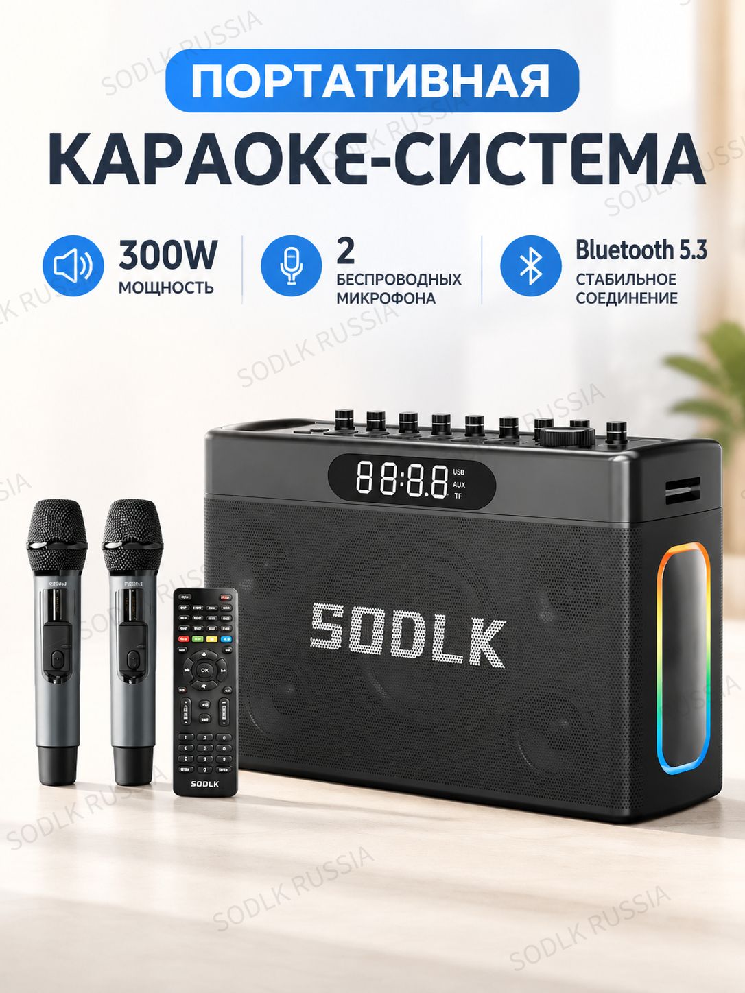 Мощная караоке-колонка SODLK S1127 Plus, 300 Вт, со звуковой картой 2 в 1, с микрофонами, с ремнём для переноски, прямоугольная колонка, для караоке и стримов