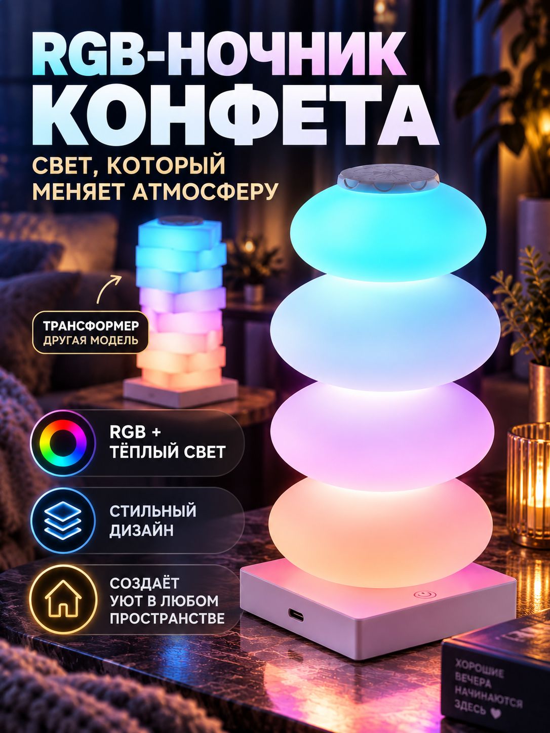 Ночник RGB Конфета, светильник с 5 режимами свечения, сенсорным управлением и USB-C