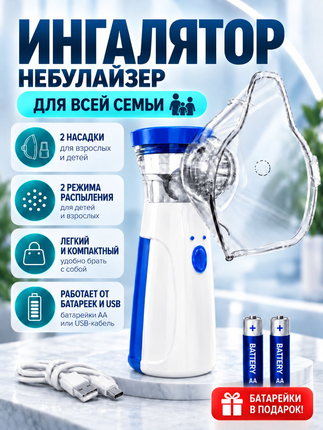 Ингалятор небулайзер для носа портативный, ингалятор для взрослых и детей