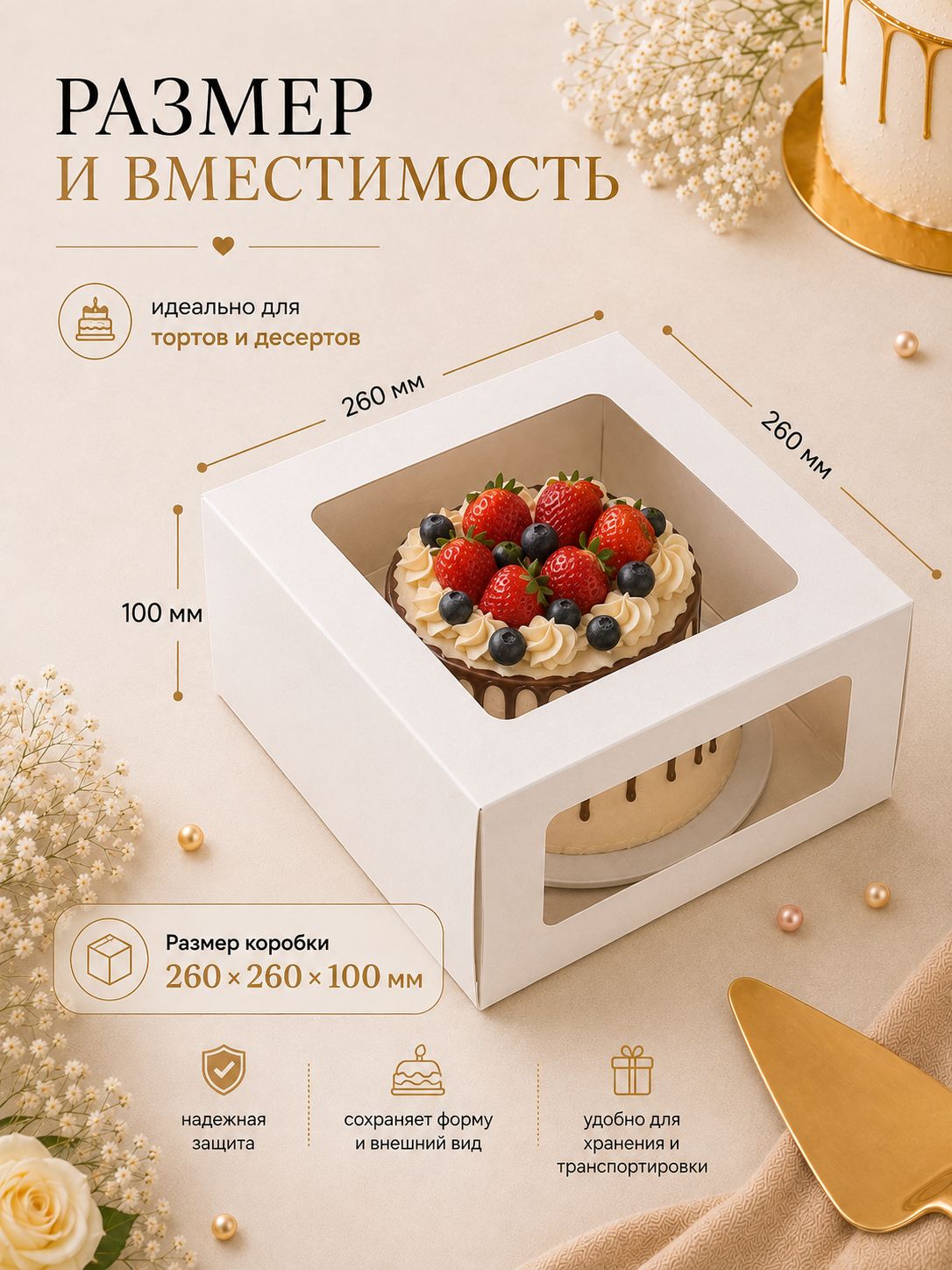 Коробка для торта и десертов с окном 26x26x10 см, белая картонная упаковка для торта, 1 шт