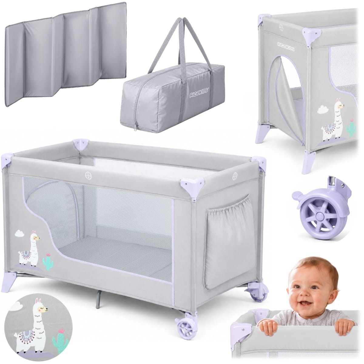 Дорожная кроватка Ricokids RK-240, серо-лавандовая, с матрасом и сумкой