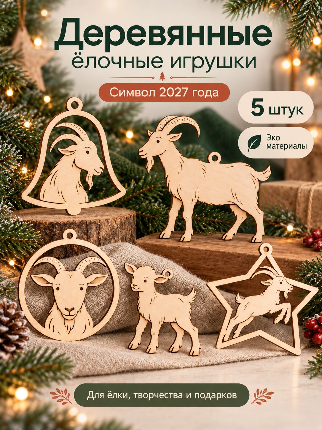 Деревянные игрушки на елку с символом нового года/коза/Бирки для подарков DIY
