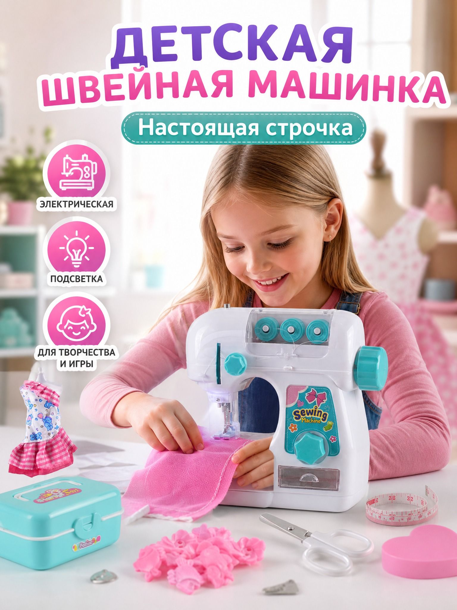 Детская швейная машинка, рабочая игрушка для начинающих, набор для творчества и ролевых игр