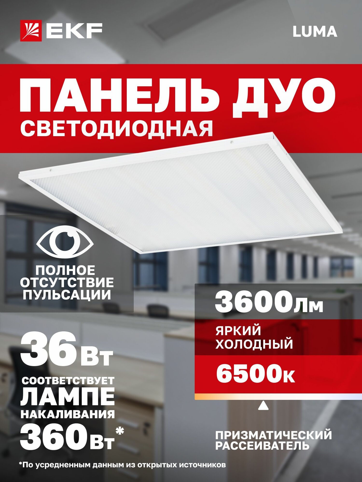 Светодиодная панель 36Вт 6500K 3600Лм призма 595x595мм IP20. Светильник потолочный армстронг универсальный LED LUMA холодный белый; EKF (ДВО) ДУО-4102-Z