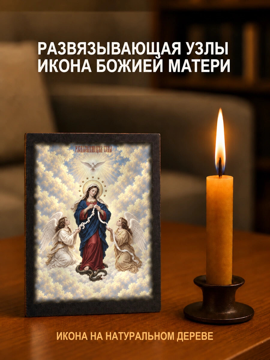 Икона «Развязывающая узлы икона Божией Матери» на натуральном дереве, 10×12 см, храмовая живопись, потёртое золото