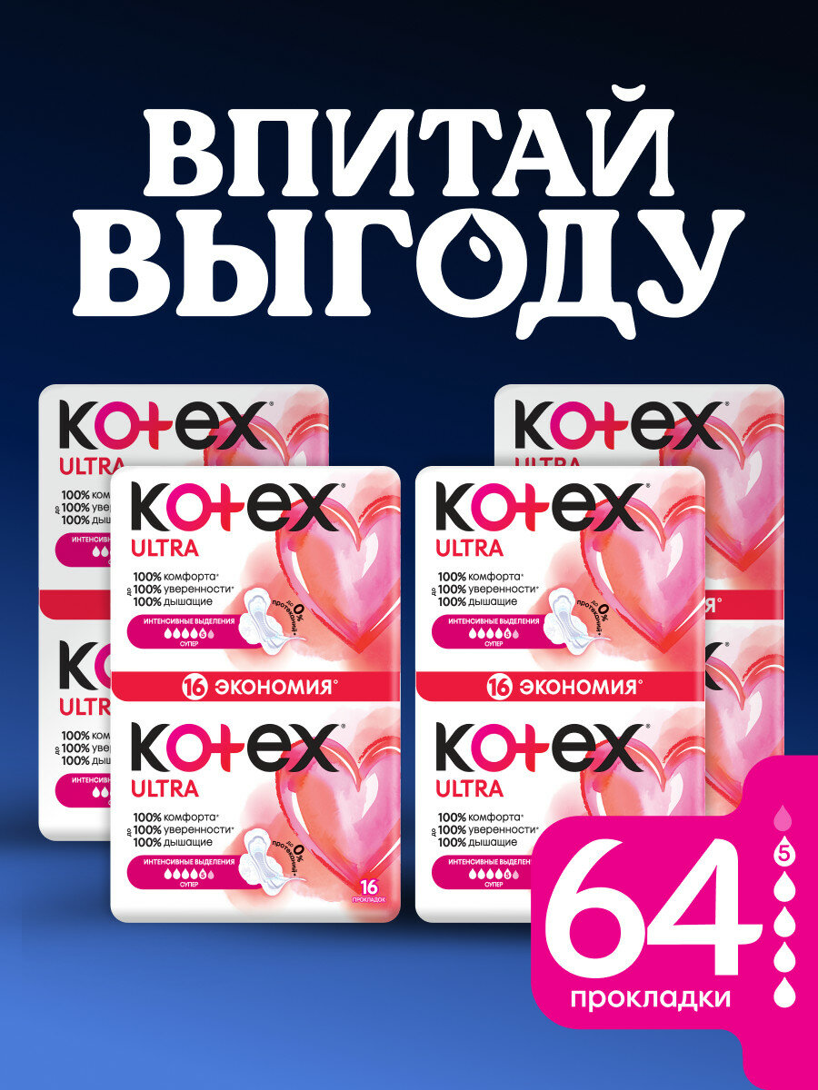 Прокладки женские Kotex Ultra Супер, 5 капель, 64 шт (4 упаковки по 16 шт)