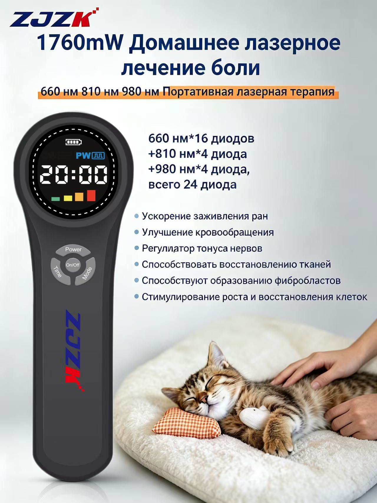Лазерный обезболивающий аппарат 1760 мВт, 24 LED, 660/808/980 нм, для людей и собак