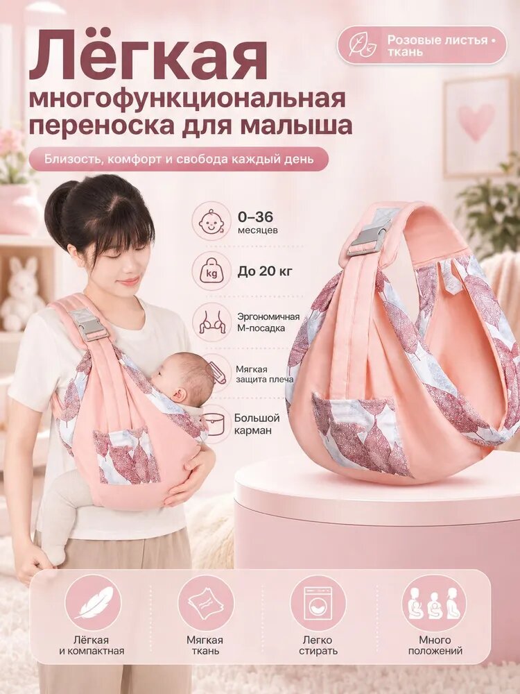 Слинг-переноска для новорождённых и малышей 0 36 месяцев, до 20 кг, многофункциональная, с мягкой лямкой и карманом