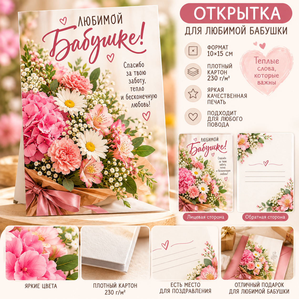 Открытка бабушке «Любимой бабушке!» 10×15 см — поздравительная с цветами, подарок
