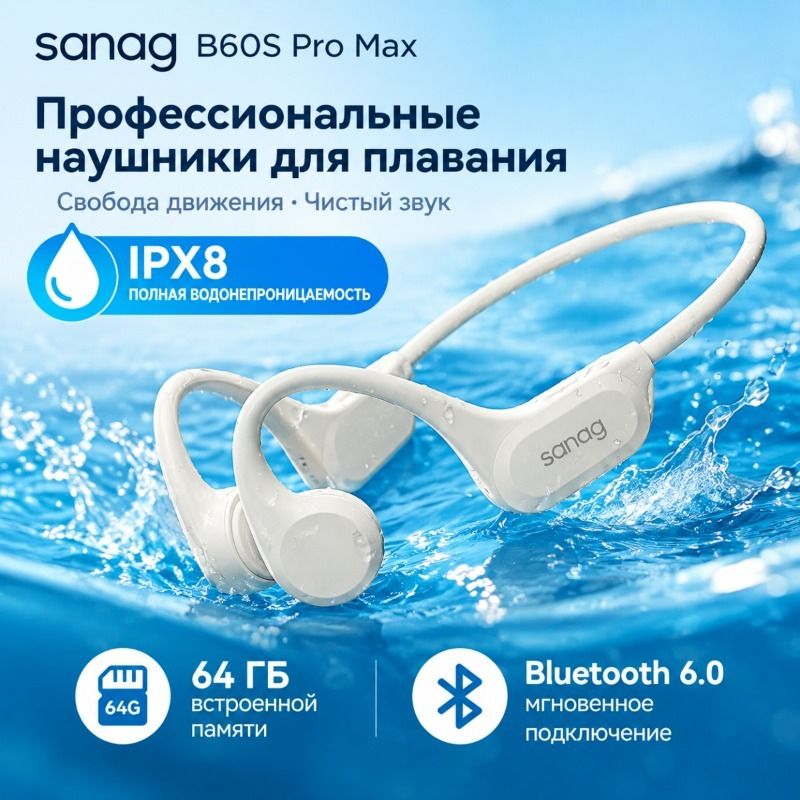 Наушники с костной проводимостью Sanag B60Pro, уличные наушники, водонепроницаемые наушники для бассейна IPX8.