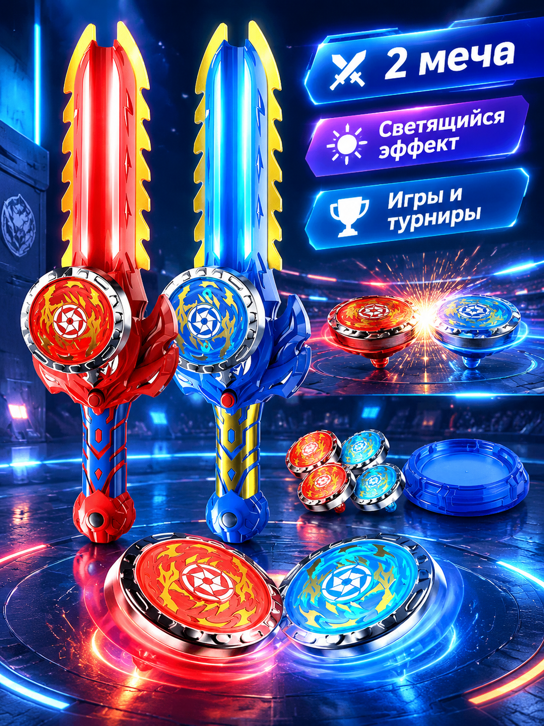 Игрушечный световой меч Infinity с гироскопом: 2 меча, диски и подсветка, набор для детей от 8 лет