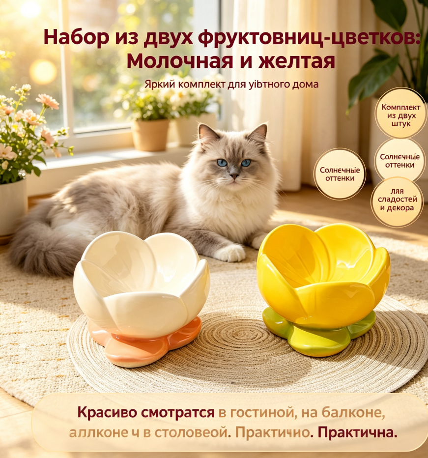 Керамическая миска для кошек в виде цветка, набор из двух мисок, красивая миска для еды и , устойчивая к опрокидыванию