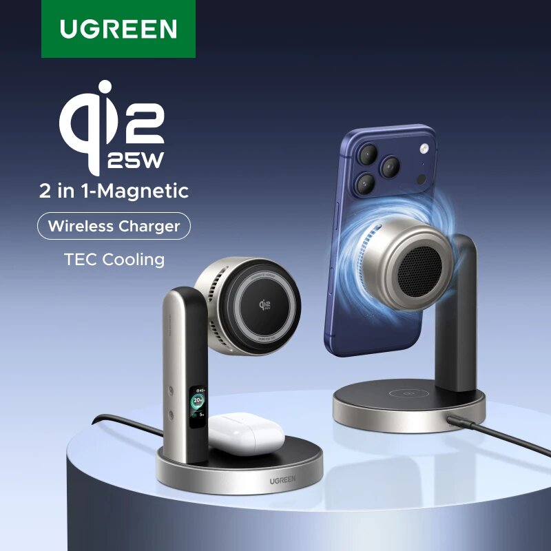 UGREEN MagFlow Pro Qi2.2 25W 2 в 1 Магнитное беспроводное зарядное устройство с системой Qi2.2 25W