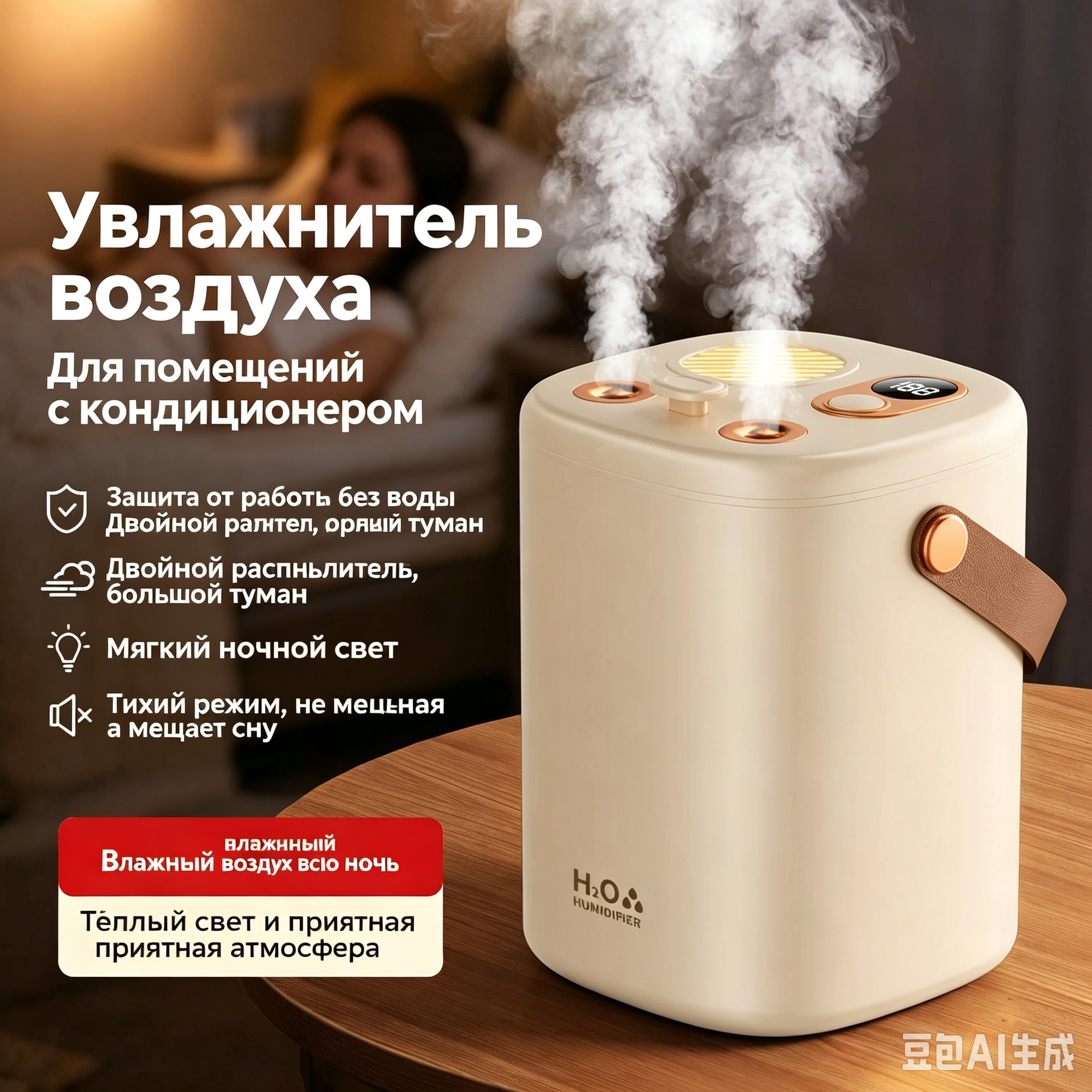 Увлажнитель воздуха JS03, 1.5 л, мятно-желтый, USB, Бесшумный, 36-45 дБ, Для спальни и офиса, Пластик ABS