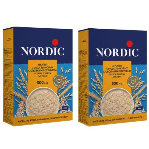 Nordic Хлопья 4 вида зерновых-овсяные отруби, 500 г,2 упаковки