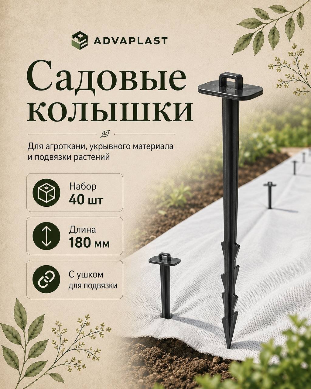 Колышки садовые ADVAPLAST 40 шт,18 см, для подвязки растений, крепления укрывного материала, агроткани, геотекстиля.