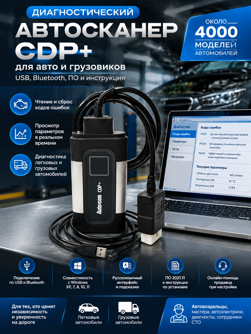Диагностический автосканер CDP+ для авто и грузовиков: USB, Bluetooth, ПО и инструкция