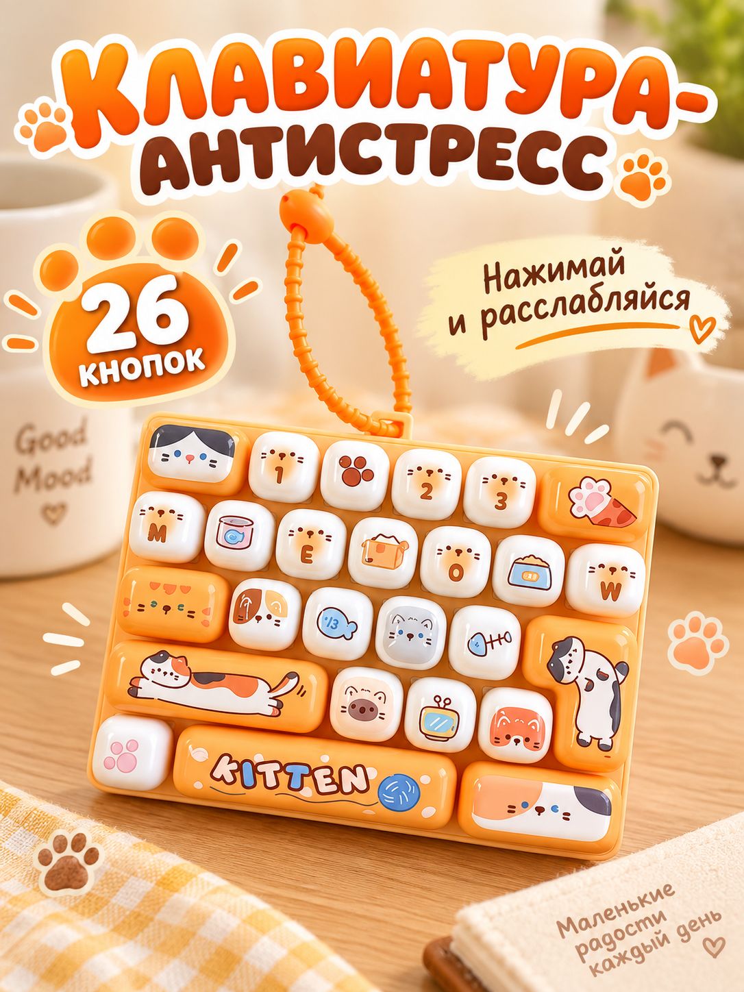 Игрушка-антистресс Клавиатура с котиками , 26 кнопок, брелок