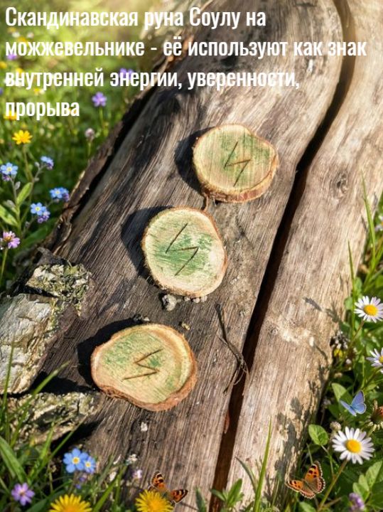 Скандинавская руна Соулу на можжевельнике - её используют как знак внутренней энергии, уверенности, прорыва