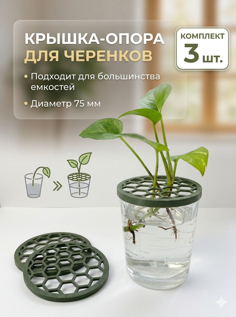 Крышка-опора для черенков, проращиватель для черенков растений, диаметр 75 мм, дизайн "Соты"