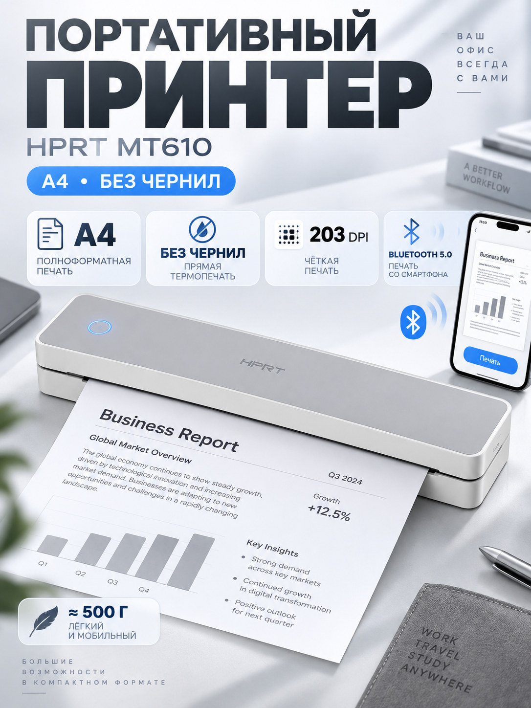 Мини-принтер HPRT Портативный термопринтер MT610 Pro термо, Монохромный-pd , серый