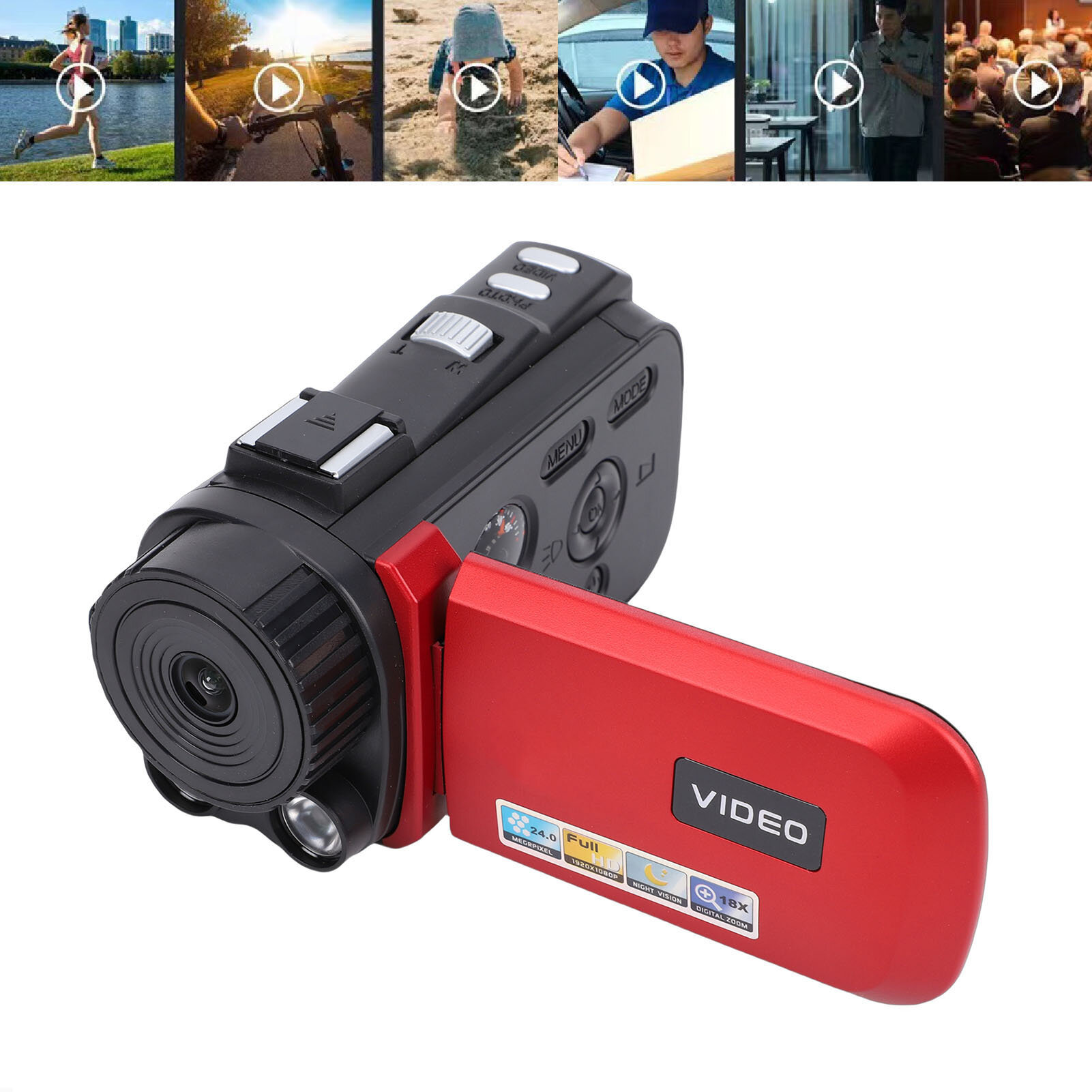 Видеокамера 1080P с 24MP, 18x цифровым зумом и поворотным экраном 3 дюйма, для документирования событий