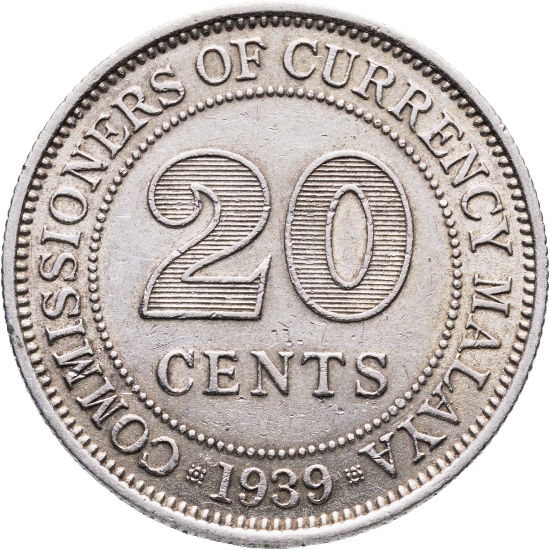 Малайя 20 центов cents 1939, Серебро 750, в сохранности XF-AU