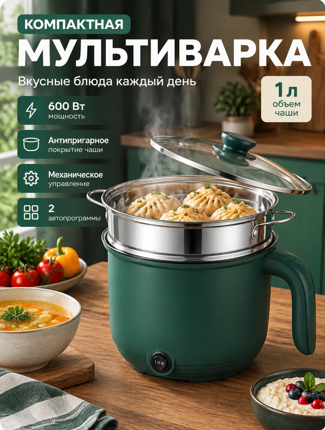 Компактная мультиварка 1 л с механическим управлением, 600 Вт, зеленая