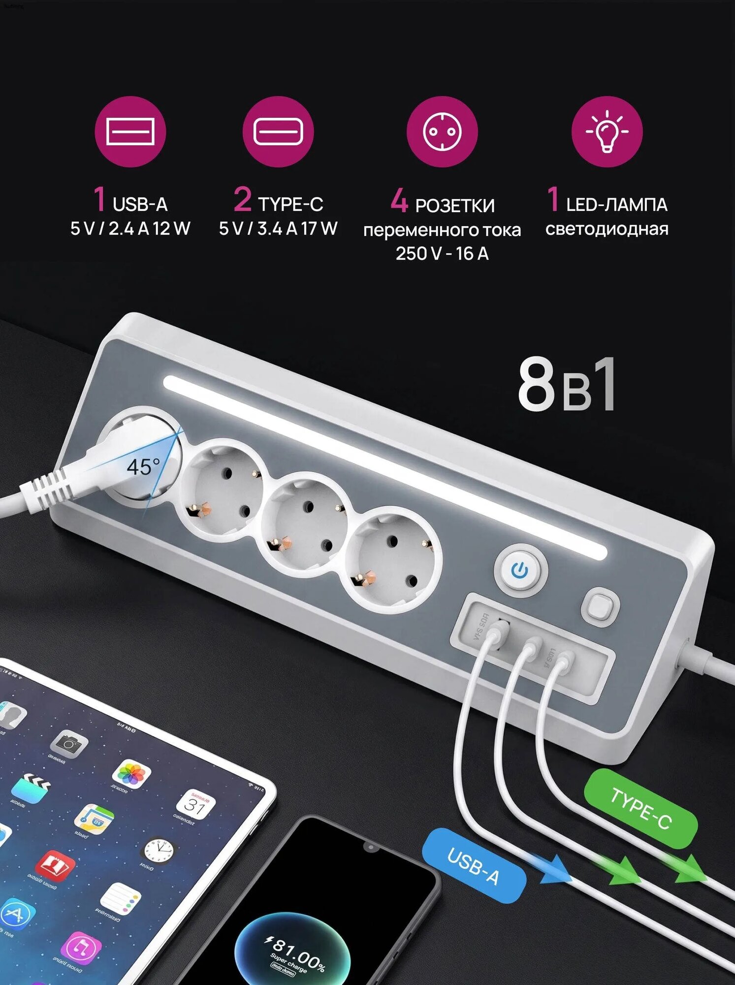 Удлинитель на 4 розетки (3680W, 16A) угловой с 2 Type-C и 1 USB Сетевой фильтр с защитой от перенапряжения и ночником Для кухни, столешницы и мебели
