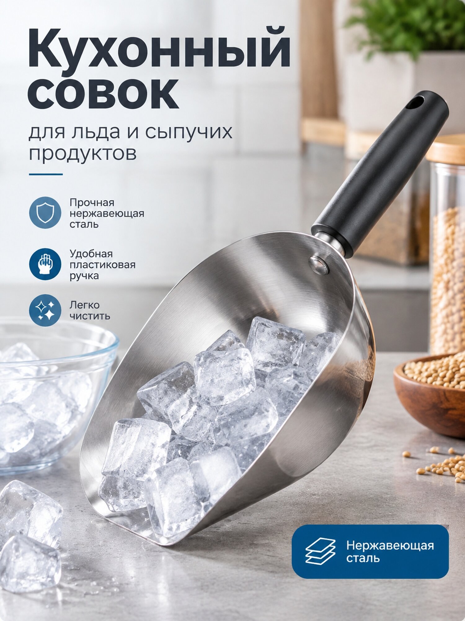 Кухонный совок из нержавеющей стали с пластиковой ручкой для льда и сыпучих продуктов, 1 шт.