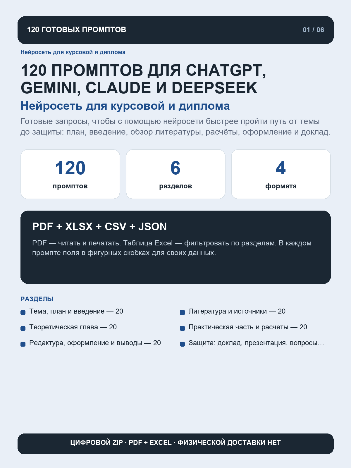 Нейросеть для курсовой и диплома: 120 промптов для плана, введения, литературы и защиты, цифровой ZIP PDF Excel