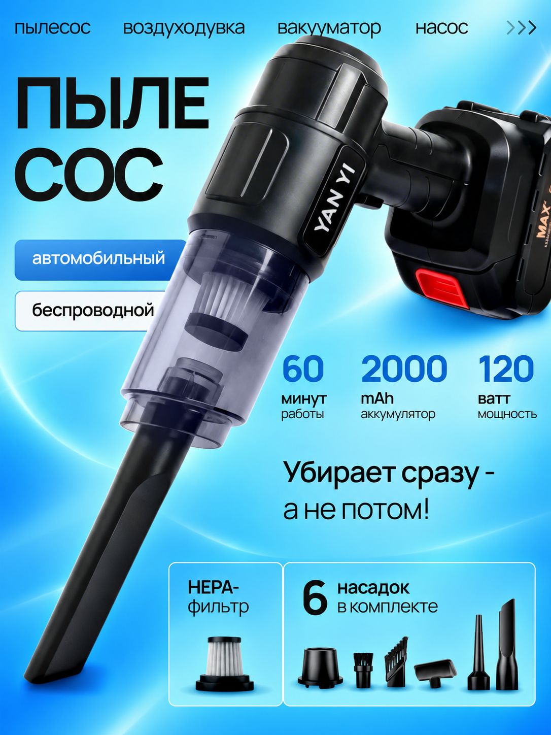 Мощный беспроводной пылесос для автомобиля