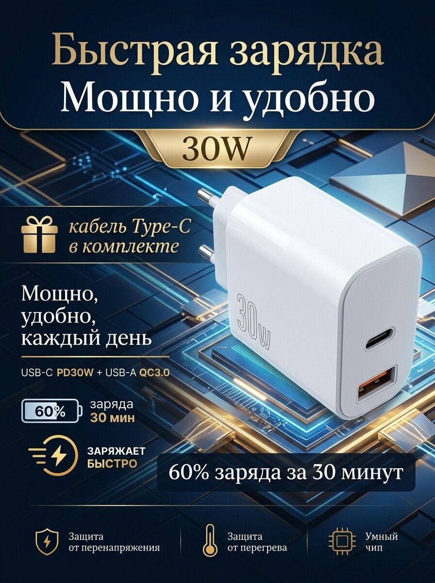 Быстрая зарядка 30W Type-C / USB для телефона с кабелем в комплекте, блок питания для IPhone, Android, планшета, адаптер для зарядки