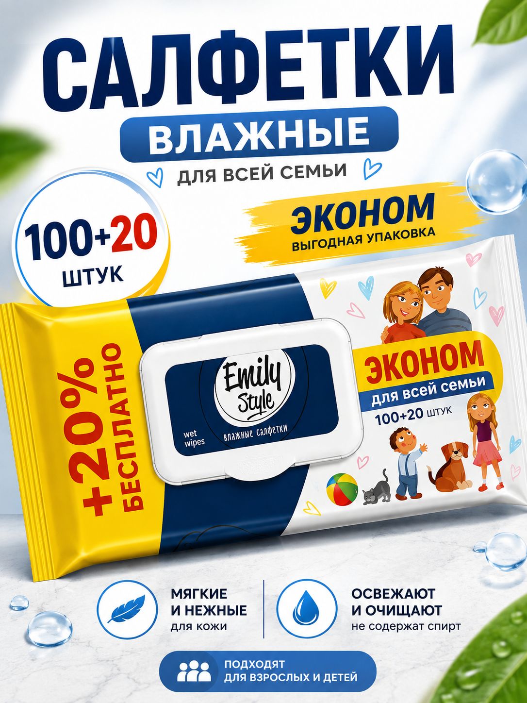 Салфетки влажные Emily Style 100+20 шт. Для всей семьи с крышкой Эконом (+ 20% бесплатно)