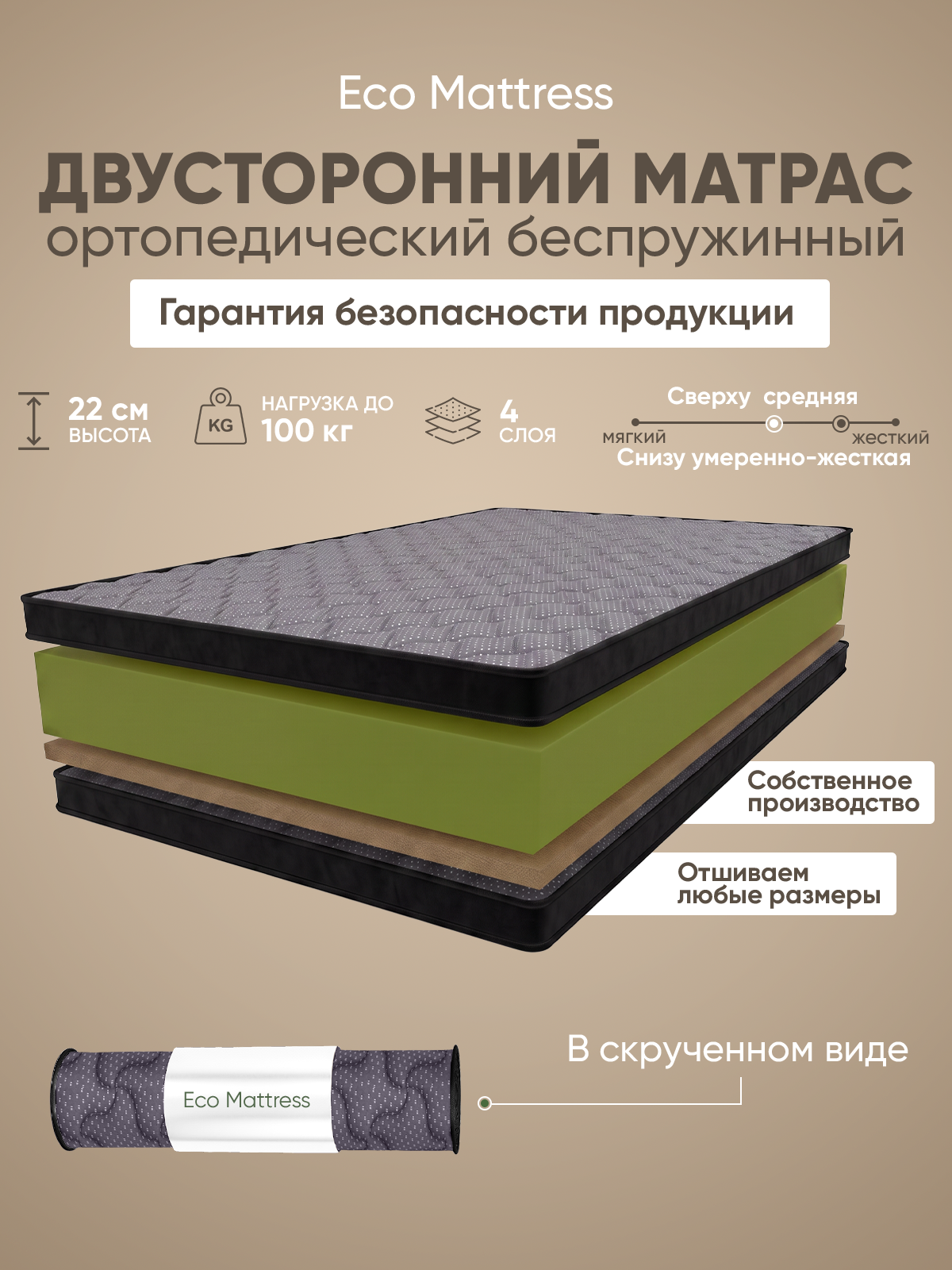 Матрас 165x180 беспружинный 22 см высота Eco Mattress 21V Sk черный