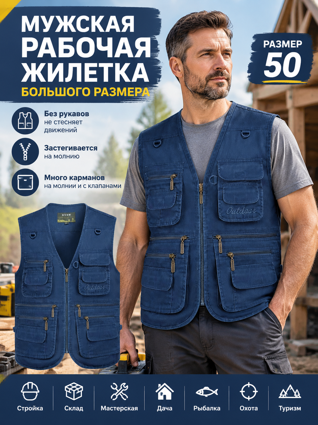 Мужская рабочая жилетка большого размера 50 синяя с множеством карманов на молнии