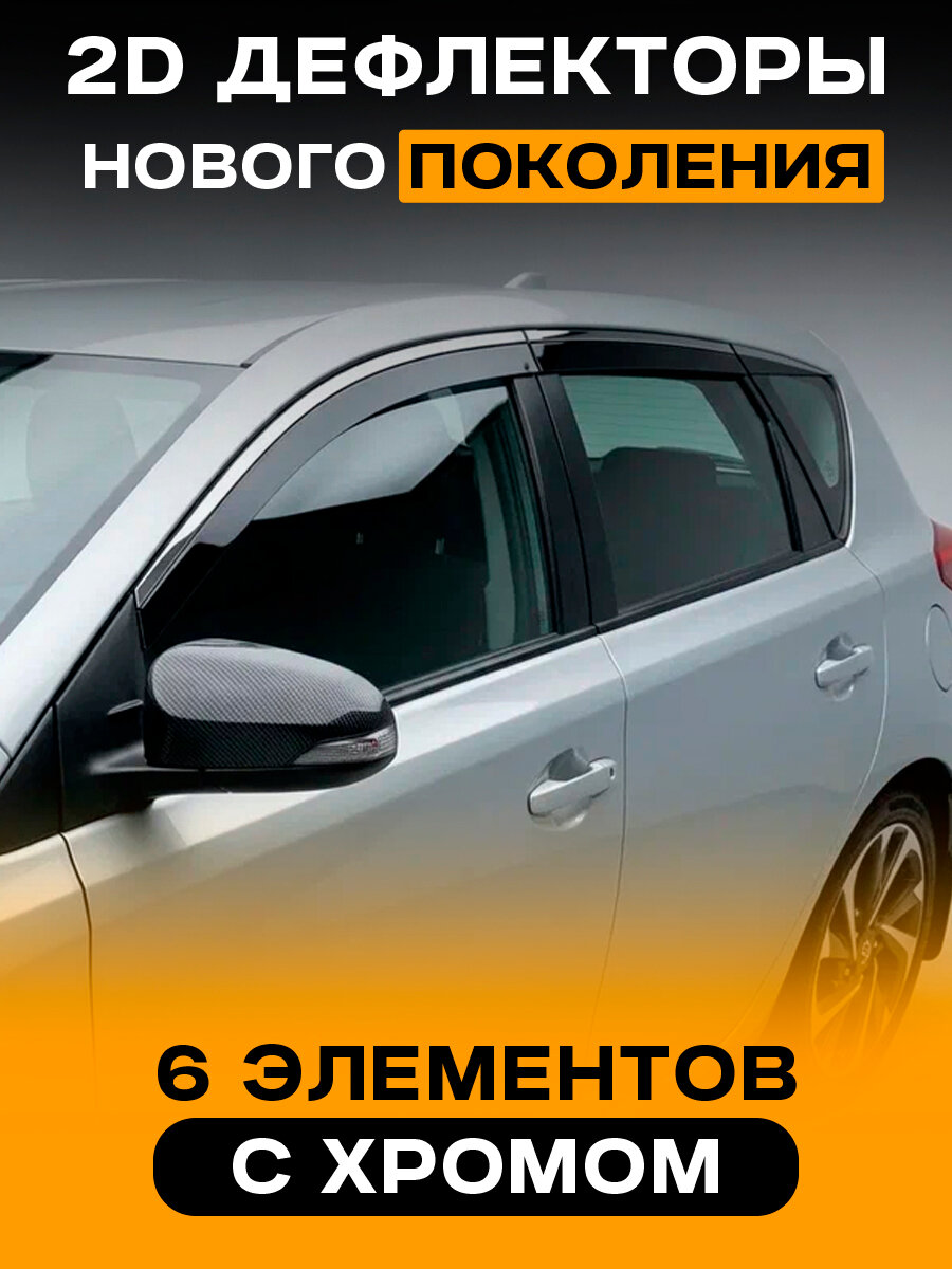 Дефлекторы на Toyota Auris 2 Пятидверный хэтчбек (Тойота Аурис 2) 2012-2018, 2D ветровики на окна автомобиля, с хром