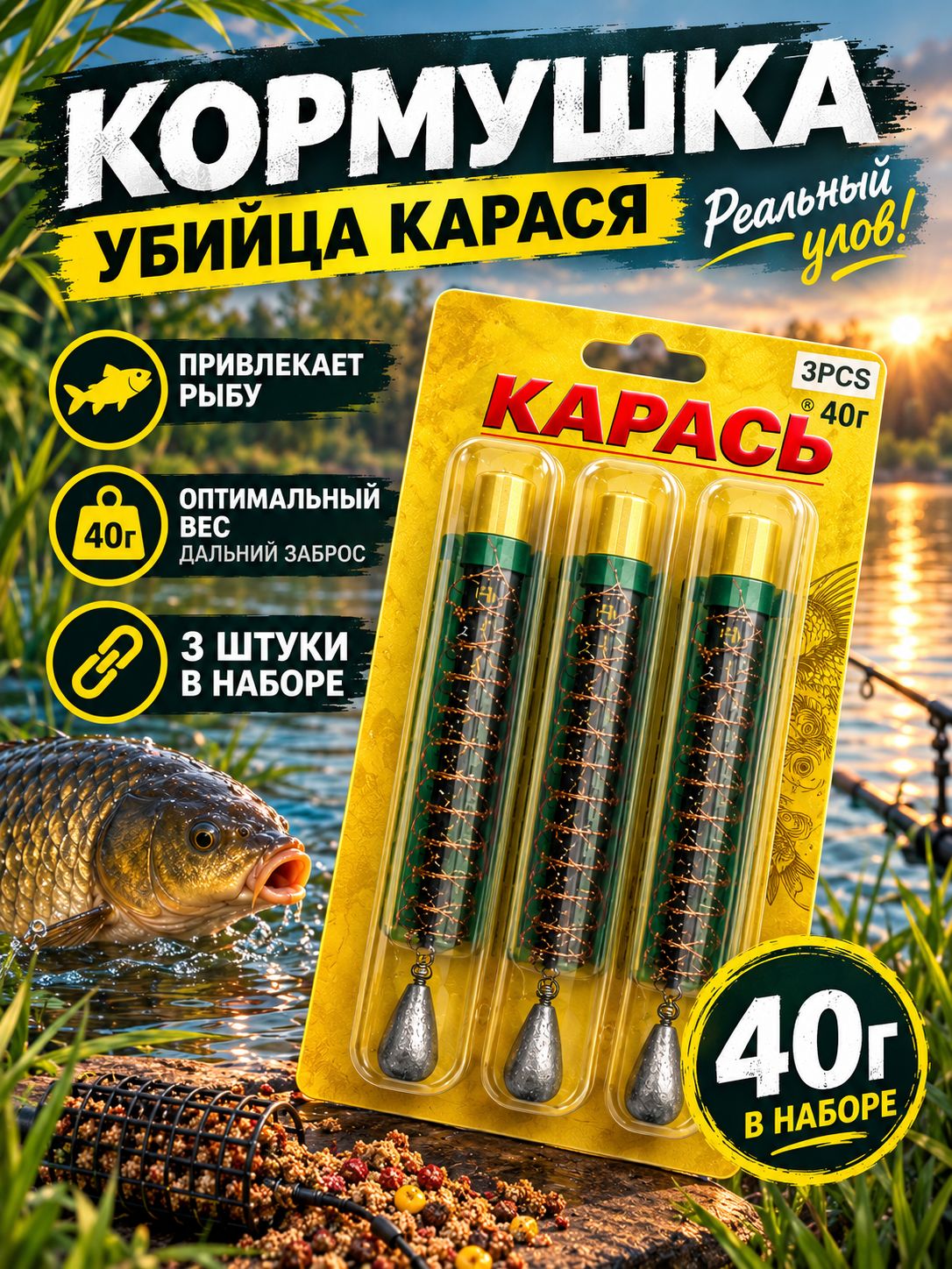 Монтаж фидерный рыболовный Убийца Карася, набор 3 шт, груз 40гр, плетеный шнур 0,15мм, 3 крючка рыболовных / для спиннинга, для фидера