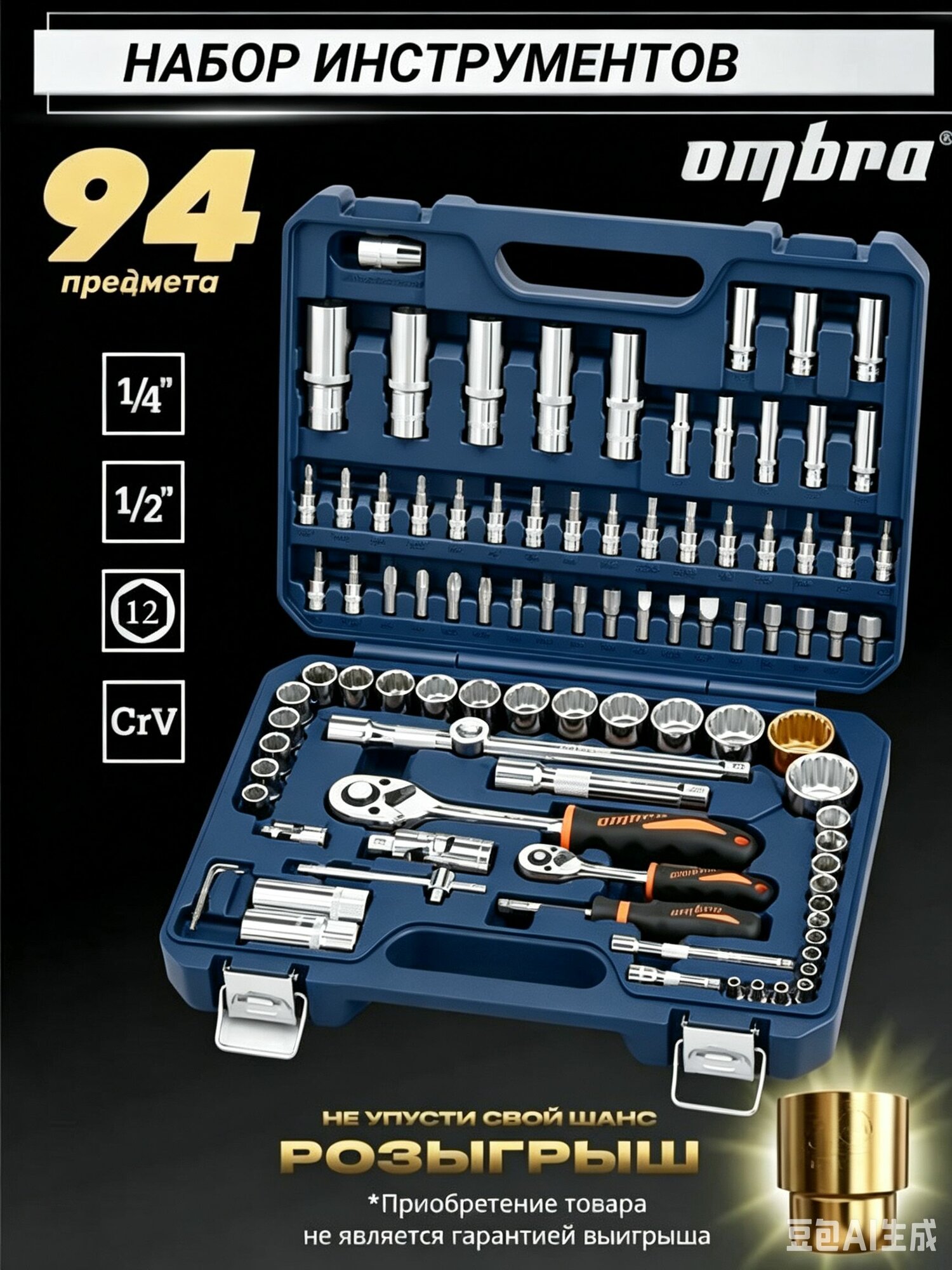 Набор инструментов Ombra 94 предмета для автомобиля и дома 1/4", 1/2"DR с головками торцевыми 12-гранными 1/2"DR, OMT94S12