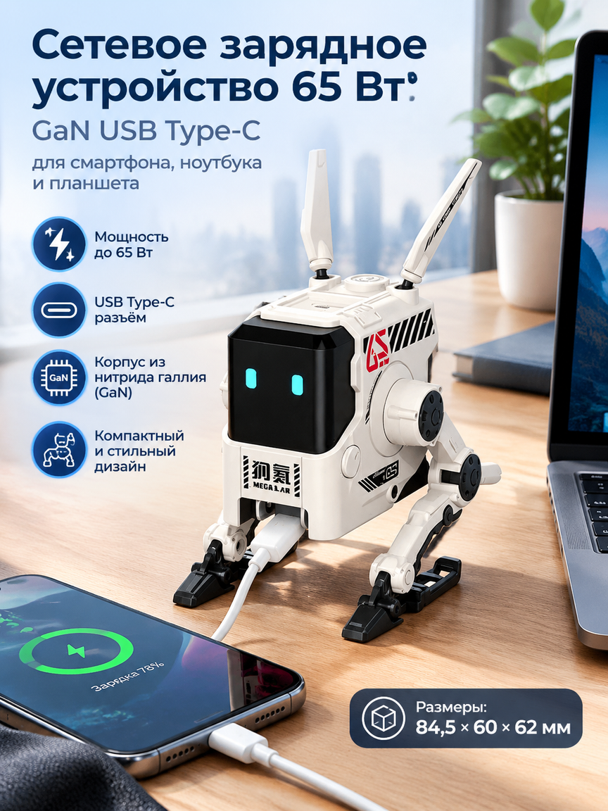 Сетевое зарядное устройство 65 Вт GaN USB Type-C для смартфона, ноутбука и планшета, робот